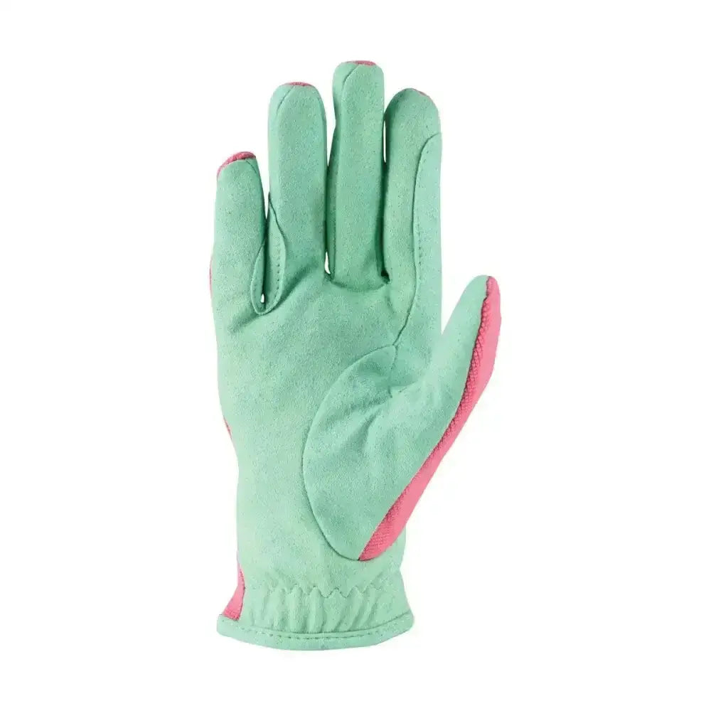 Mint green and pink hy equestrian thelwell collection trophy gloves with reinforced palm and rein fingers for grip