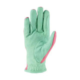 Mint green and pink hy equestrian thelwell collection trophy gloves with reinforced palm and rein fingers for grip