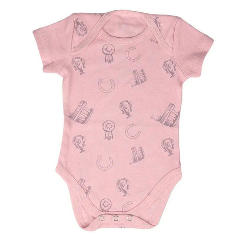 Pink baby onesie with subtle gray horseshoes trophies and ribbons print from beautiful thelwell mini tots grow collection