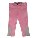Pink thelwell mini tots equestrian jodhpurs with gray silicone knee patches and subtle silver embroidery along the leg