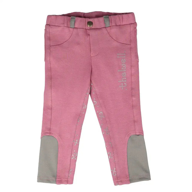 Pink thelwell mini tots equestrian jodhpurs with gray silicone knee patches and subtle silver embroidery along the leg