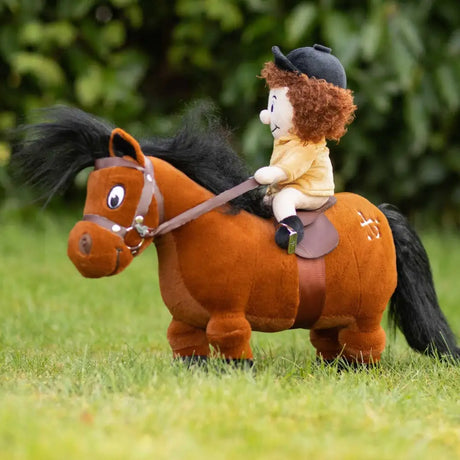 A plush brown thelwell ponies fiona & merrylegs horse with black mane and saddle carrying a yellow doll rider causing chaos