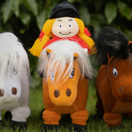 Plush thelwell ponies penelope riding orange plush horse kipper with white mane wearing black hat red scarf