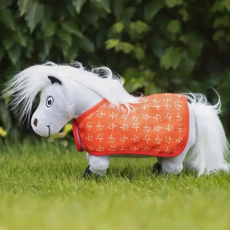 White plush thelwell ponies tarquin pony wearing an orange patterned blanket from hy equestrian thelwell collection