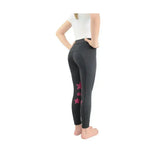 Black Hy Equestrian Theodora children’s riding tights with pink star embroidery on outer thigh for kids equestrian use