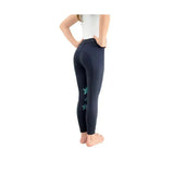 Dark navy equestrian theodora children’s riding tights with teal starfish embroidery on the outer thigh