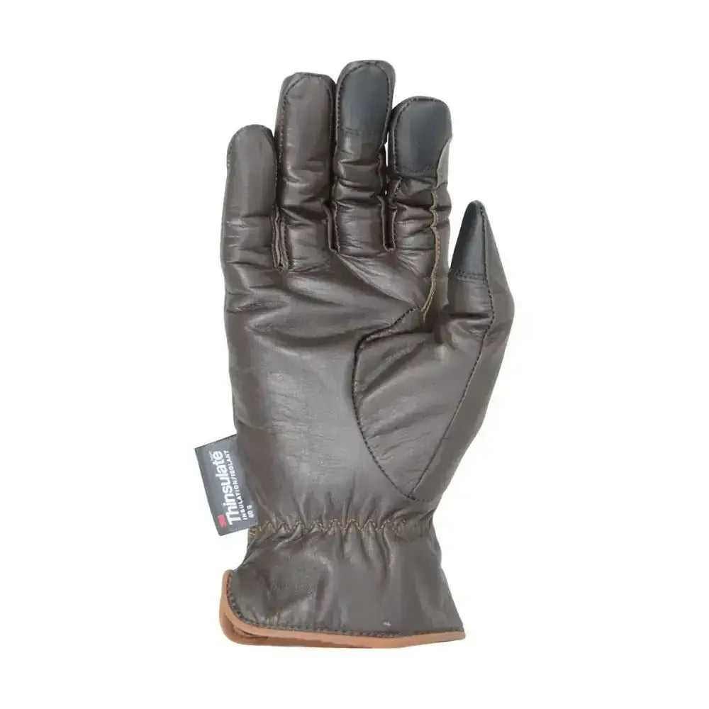 Dark brown leather winter riding gloves with black fingertips and tan lining from hy equestrian thinsulate leather series