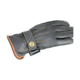 Dark gray leather winter riding gloves with tan stitching and brass button closure from hy equestrian thinsulate leather