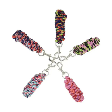 Five colorful braided paracord keychains with metallic hooks perfect for equestrian three toned fun lead rope fans