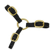 Black leather horse halter with gold buckles and central ring perfect for lead rein classes and leather coupling use