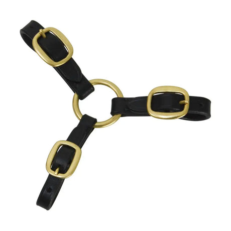 Black leather horse halter with gold buckles and central ring perfect for lead rein classes and leather coupling use