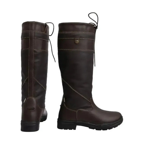 Dark brown leather tideswell country boot with black laces and metallic emblem perfect stylish country boots for riding