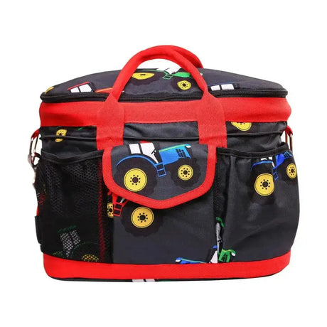 Black and red insulated cooler bag with funky tractor print in blue green and yellow from hy equestrian tractor collection