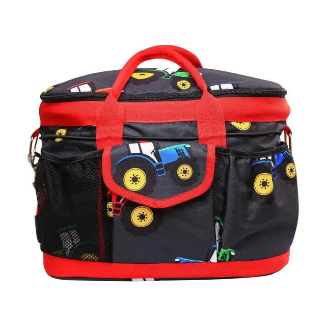 Black and red insulated cooler bag with funky tractor print in blue green and yellow from hy equestrian tractor collection