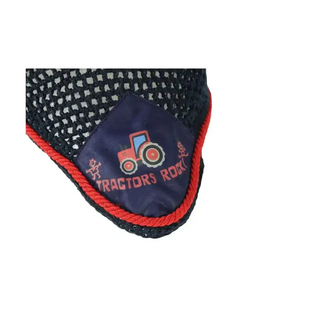Navy blue mesh horse ear bonnet with red trim and tractors rock patch featuring quality close knit crochet by hy equestrian