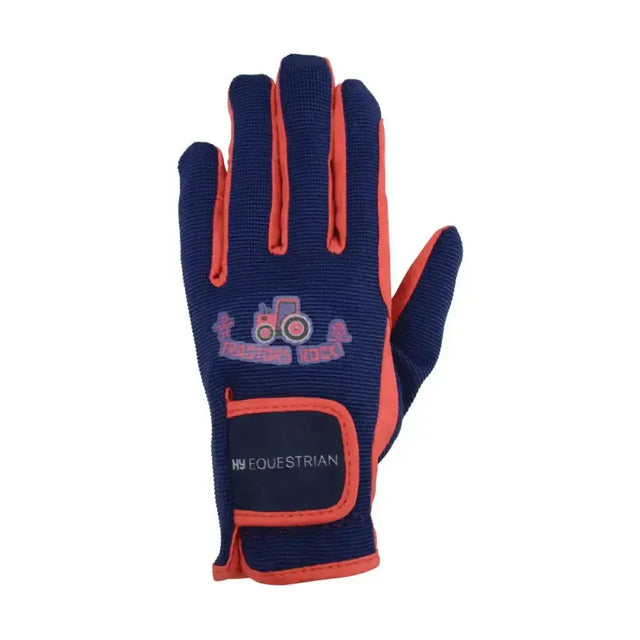 Back view of navy blue and orange hy equestrian tractors rock gloves with a tractor patch for kids riding gloves