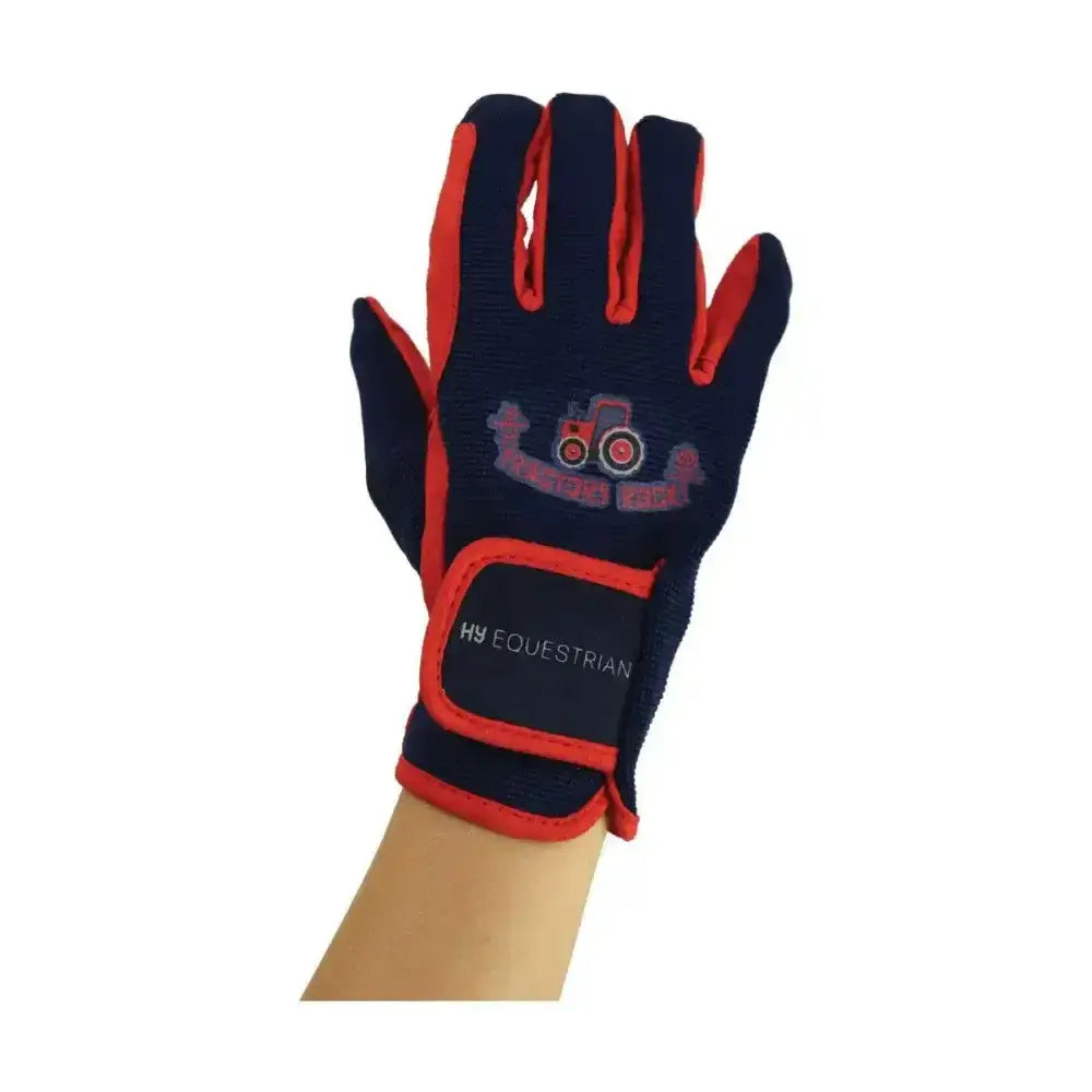 Back of navy blue and red hy equestrian tractors rock gloves with tractor design kids riding gloves