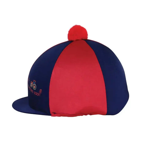 Red and navy blue striped tractors rock hat cover with a red pom-pom from hy equestrian tractors rock hat silks