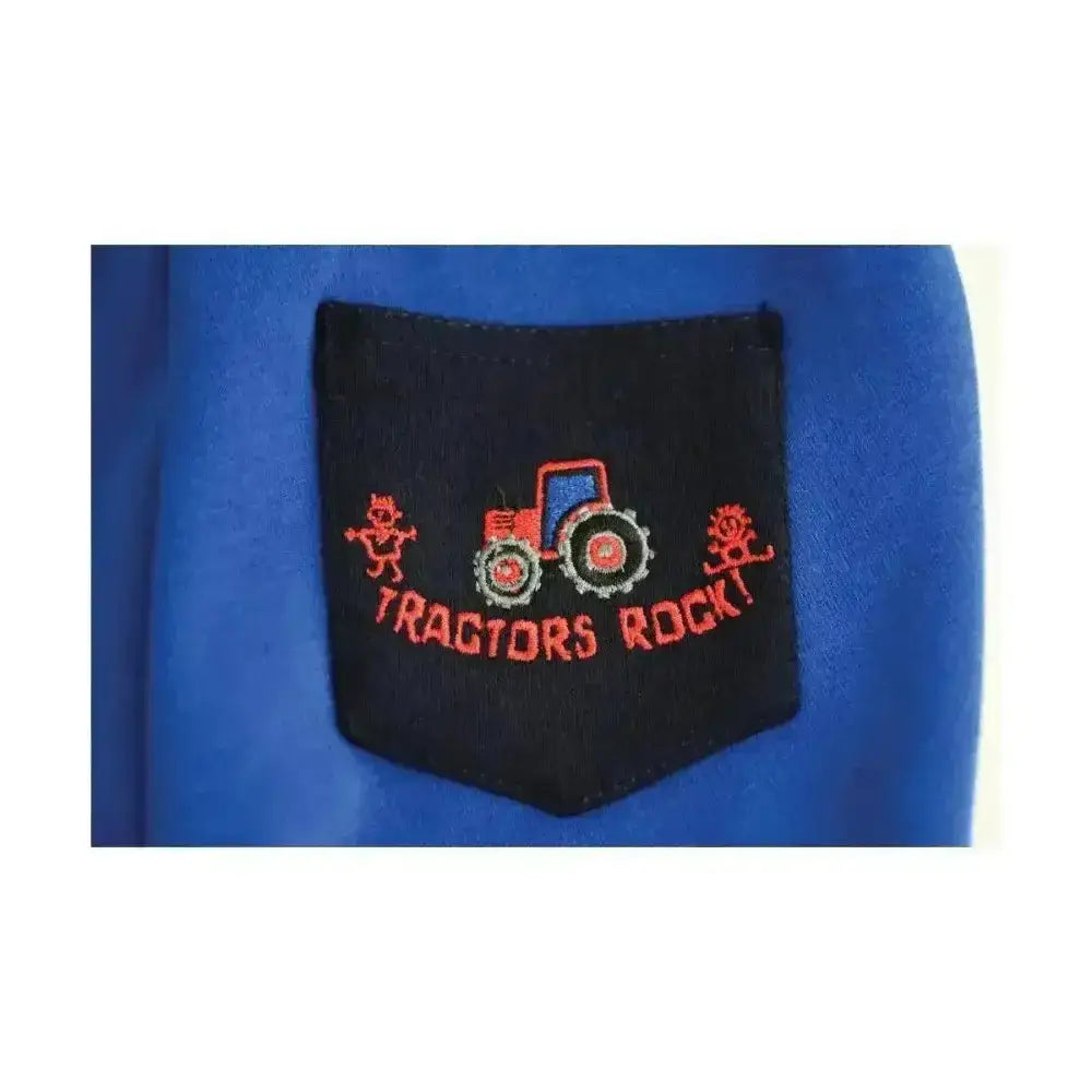 Black embroidered pocket with red and blue tractor and orange text on vibrant blue fabric for hy equestrian tractors rock tots jodhpurs