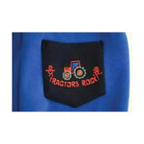 Black embroidered pocket with red and blue tractor and orange text on vibrant blue fabric for hy equestrian tractors rock tots jodhpurs