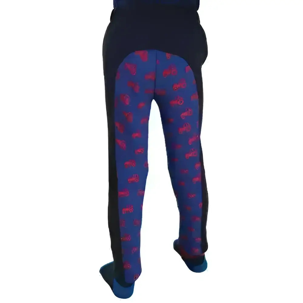 Hy equestrian tractors rock tots jodhpurs in blue and black with red big red tractor pattern riding pants