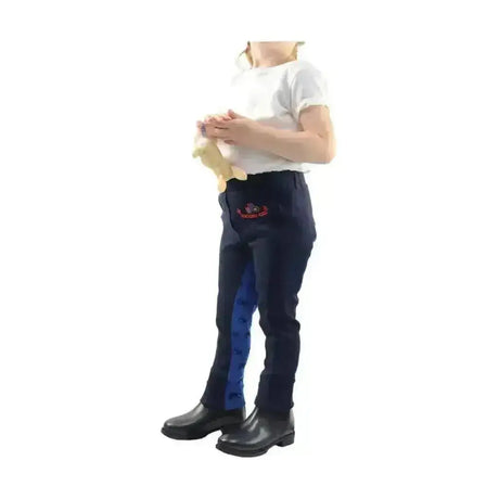 Navy blue hy equestrian tractors rock tots jodhpurs with royal blue stripe and embroidered logo on right thigh