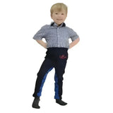 Navy blue denim rock tots jodhpurs with vibrant blue side panels and a small red logo by hy equestrian tractors rock