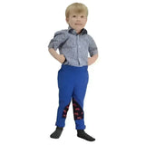 Blue Hy Equestrian rock tots jodhpurs with black patterned knee patches for riding and equestrian tractors rock style