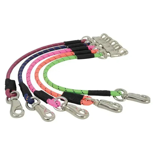 Colorful braided nylon equestrian trailer tie with black reinforced ends and silver metal snap hooks for horse leads