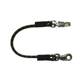 Black and yellow speckled rope equestrian trailer tie with silver metal clasps for secure horse leads and trailer ties