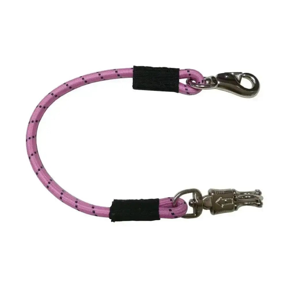 Pink braided rope equestrian trailer tie with black fabric reinforcements and silver metal hardware for horse leads