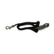 Black fabric equestrian trailer tie with silver panic hook and metal clip for secure horse trailer use