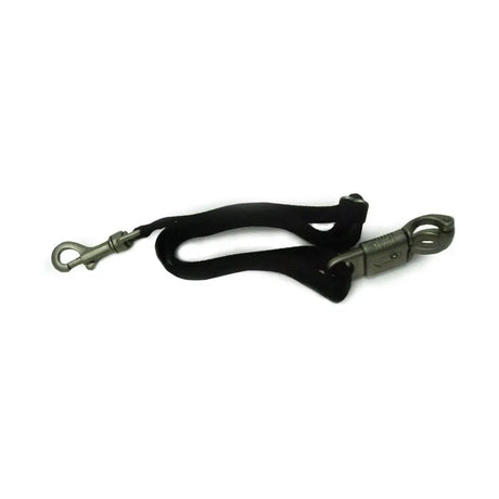 Black fabric equestrian trailer tie with silver panic hook and metal clip for secure horse trailer use