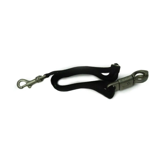 Black fabric equestrian trailer tie with silver panic hook and metal clip for secure horse trailer use