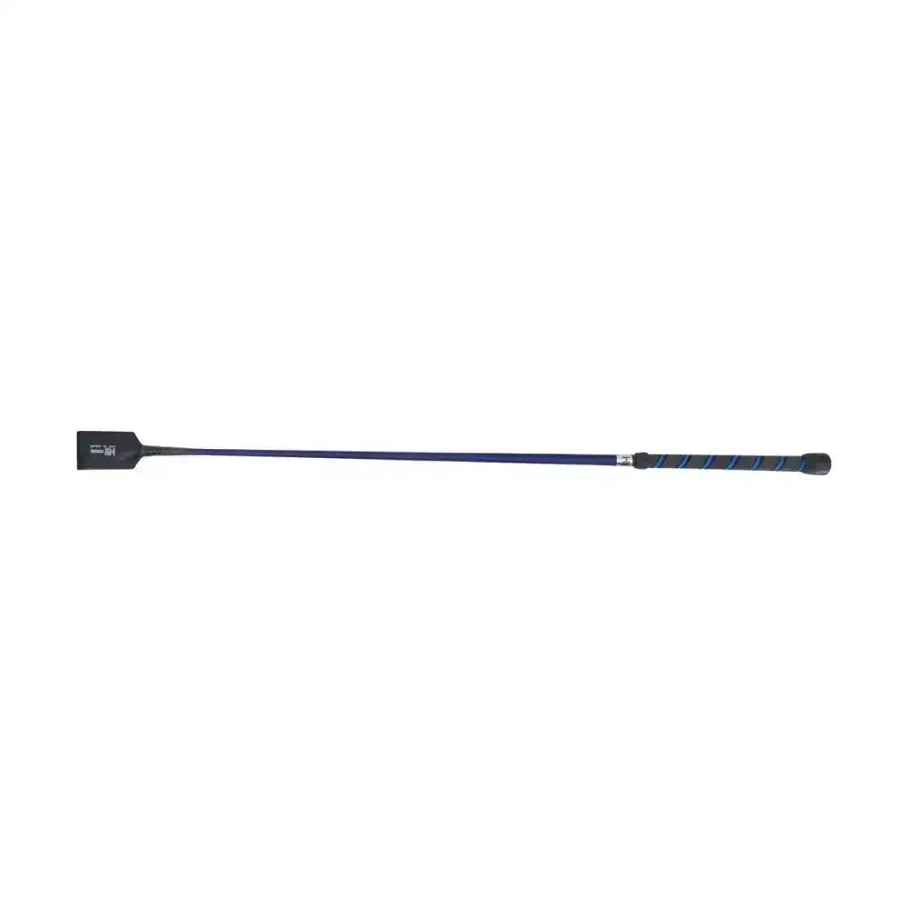 Navy blue hy equestrian twister riding whip with black cushion grip handle and striped design for riding control