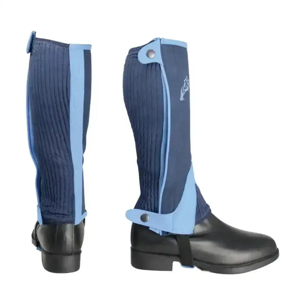 Hy equestrian two tone blue and light blue striped amara half chaps for kids with silver logo on the side