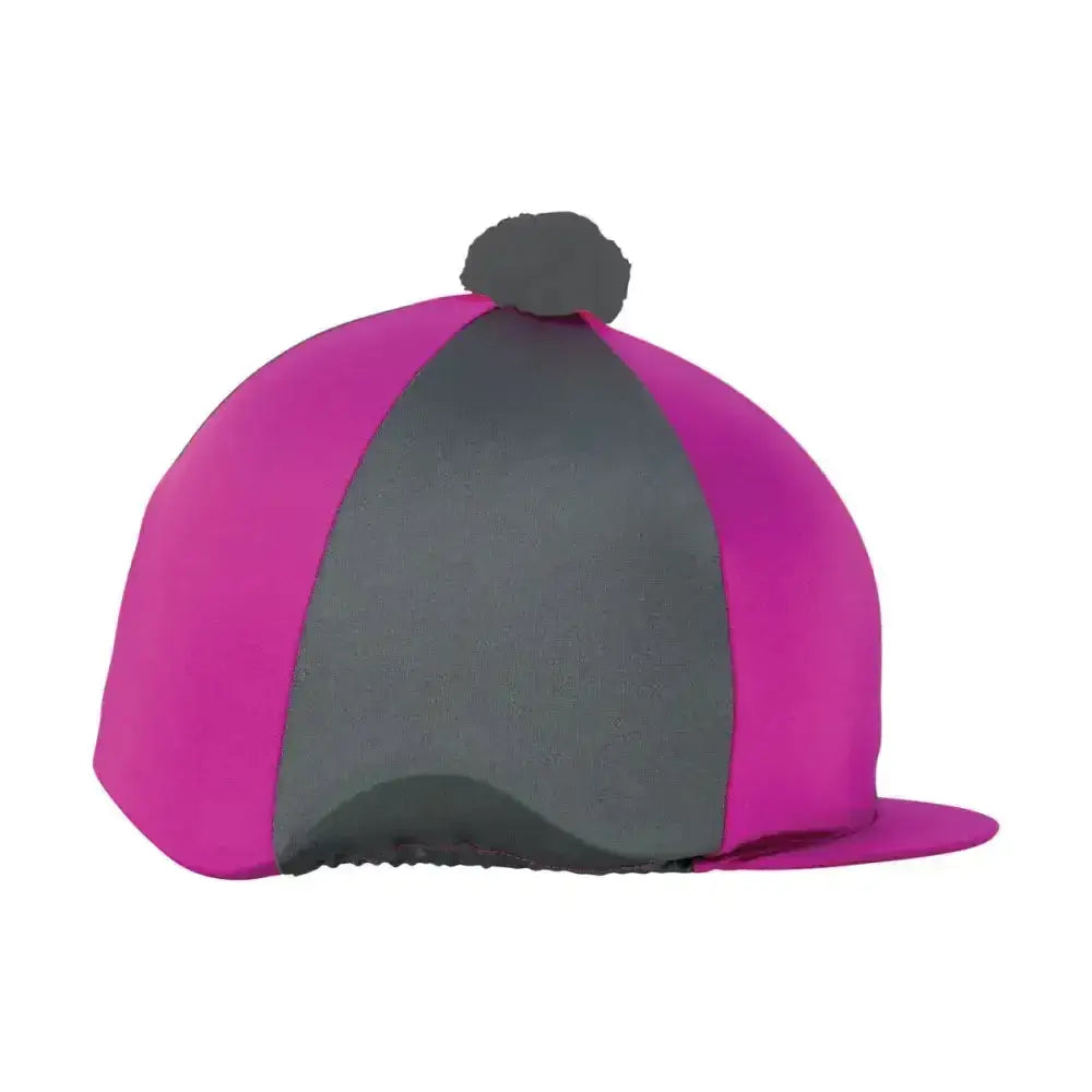 A vibrant pink and gray equestrian two tone bobble hat cover with matching pom pom for riding use