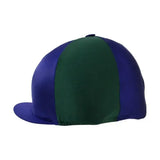 Hy Equestrian two tone lycra hat cover in royal blue and deep green perfect for stylish equestrian two tone look