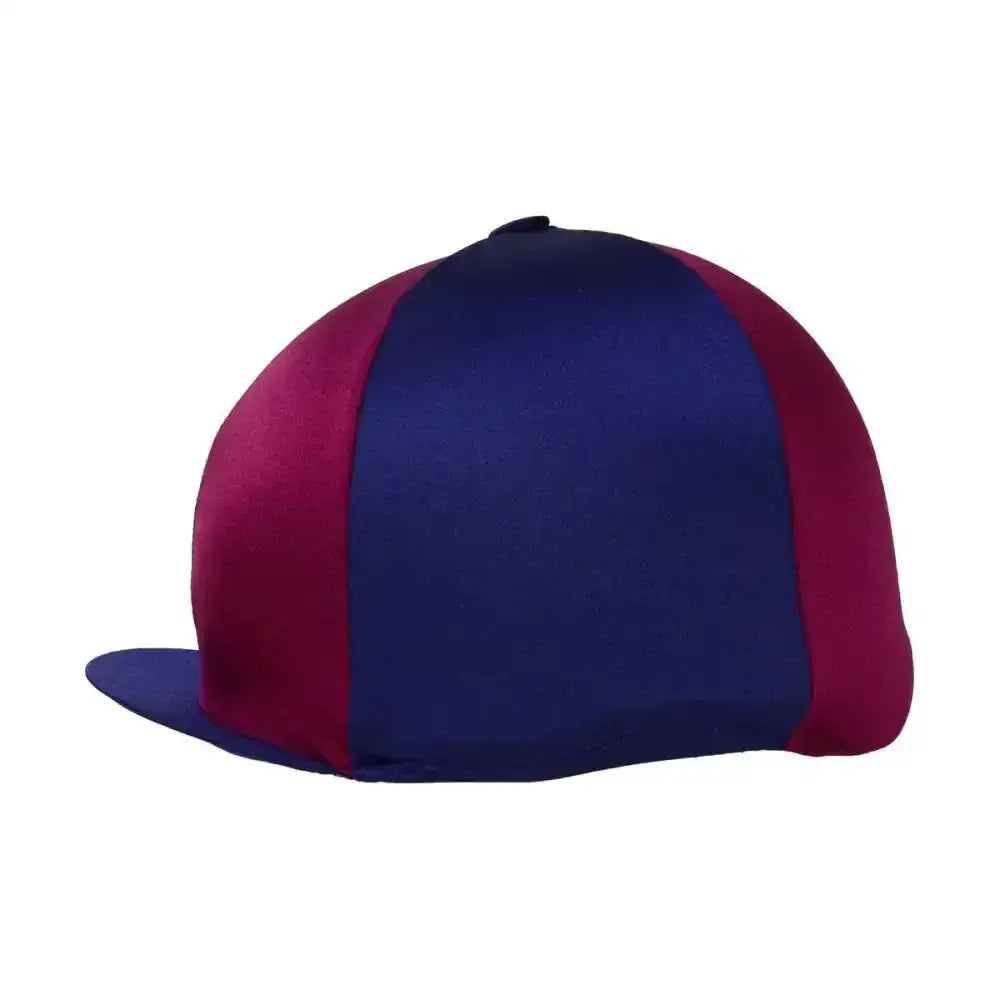 A sleek hy equestrian two tone lycra hat cover in navy blue and maroon satin finish perfect for riding gear