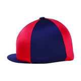Red and navy blue striped equestrian two tone lycra hat cover with flat brim for horse riding use
