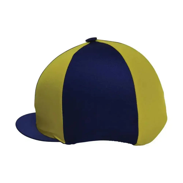 Navy blue and yellow striped equestrian two tone lycra hat cover with flat brim for horse riding helmets