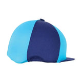 Hy Equestrian two tone lycra hat cover in blue with light cyan side and navy panel featuring a flat brim