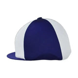 Navy blue and white striped equestrian two tone lycra hat cover by hy equestrian for riding helmets