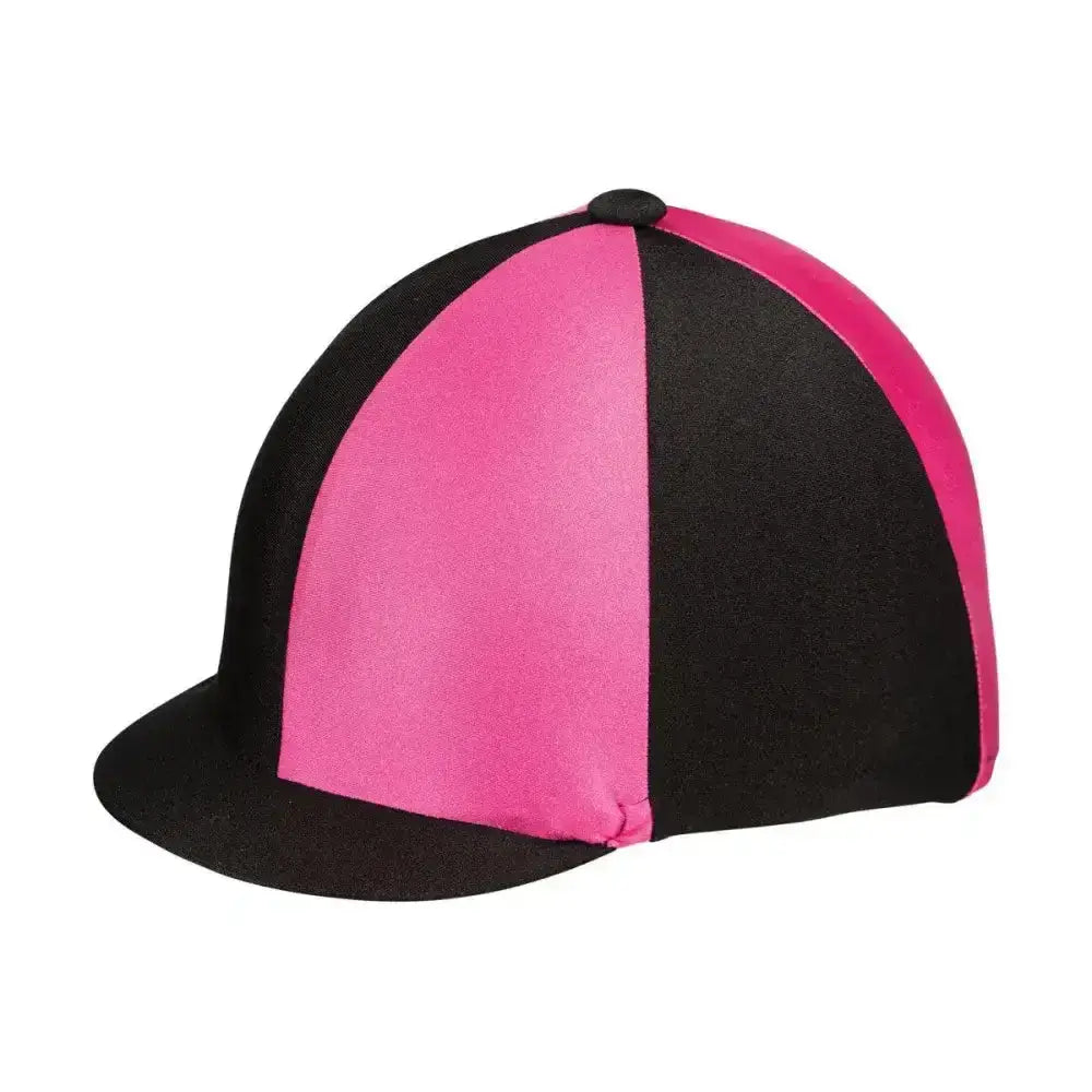 A vibrant pink and black striped equestrian two tone lycra silks hat with a smooth satin finish fashionable lycra hat