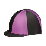 Purple and black striped equestrian two tone lycra silks helmet cover for a fashionable lycra hat look