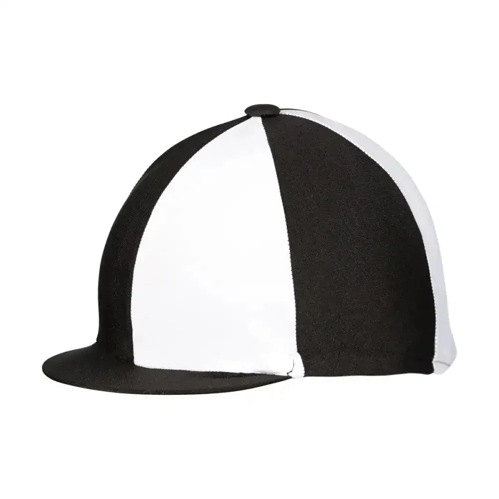 Black and white striped equestrian two tone lycra silks helmet cover with flat brim for a fashionable lycra hat look