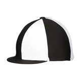 Black and white striped equestrian two tone lycra silks helmet cover with flat brim for a fashionable lycra hat look