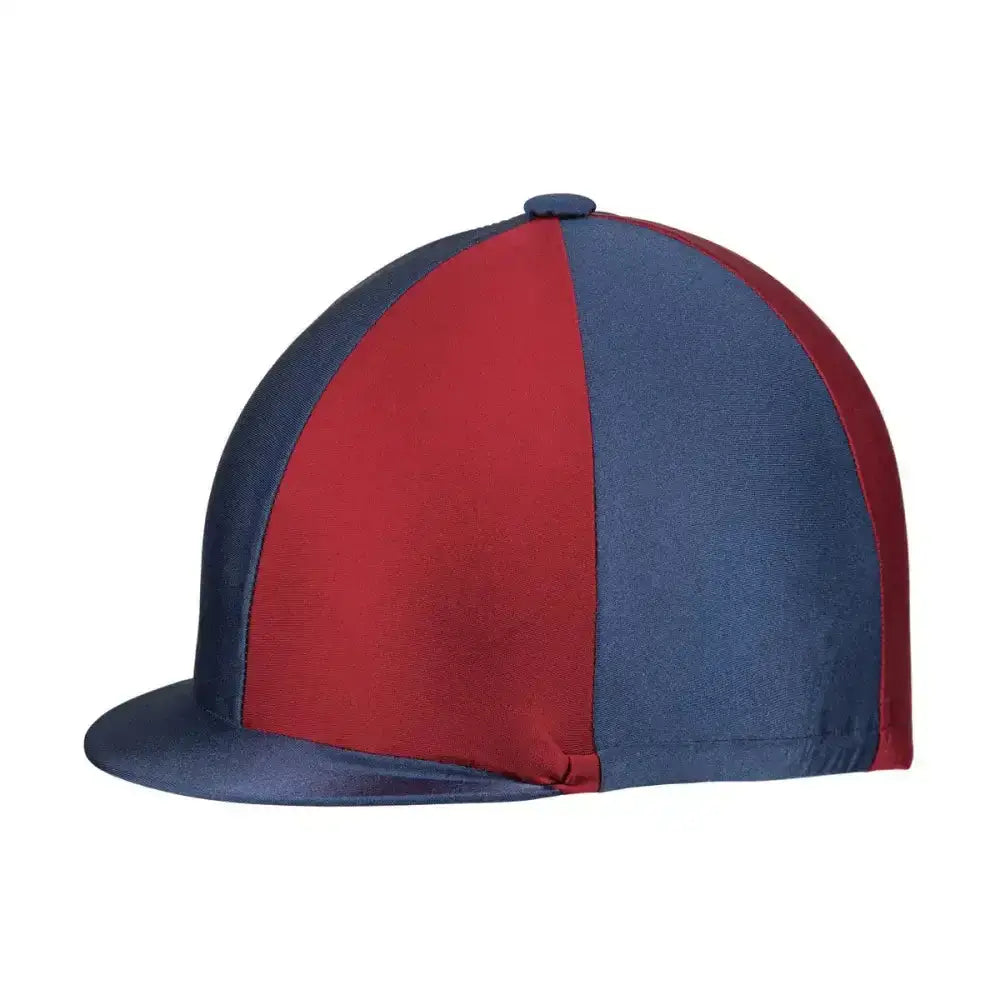 Red and navy blue striped equestrian two tone lycra silks helmet cover perfect for a fashionable lycra hat look