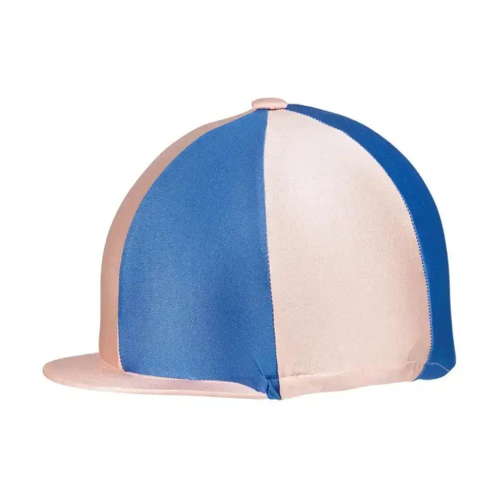 Blue and blush pink striped equestrian two tone lycra silks horse riding cap with flat brim fashionable lycra hat