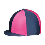 A vibrant pink and navy blue equestrian two tone lycra silks horse riding cap with a flat brim and fashionable fit